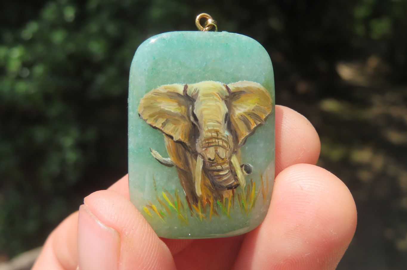 Polished Aventurine Pendant with Hand Painted Elephants - Sold Per Item - From Zimbabwe - Toprock Gemstones and Minerals 