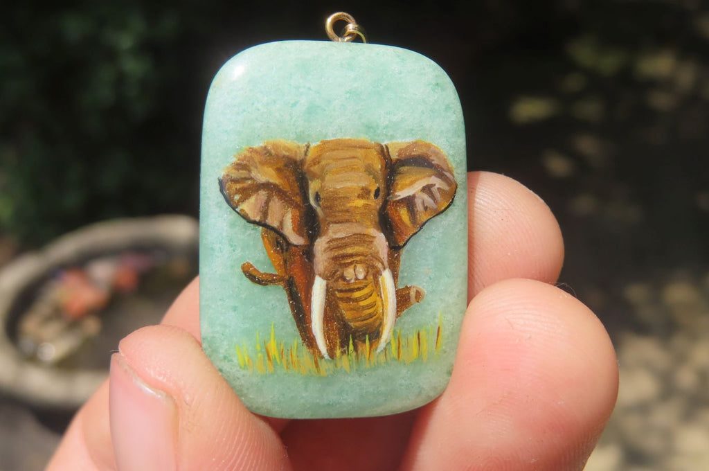 Polished Aventurine Pendant with Hand Painted Elephants - Sold Per Item - From Zimbabwe - Toprock Gemstones and Minerals 