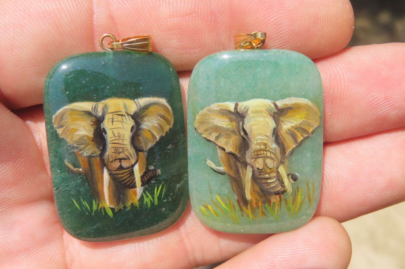 Polished Aventurine Pendant with Hand Painted Elephants - Sold Per Item - From Zimbabwe - Toprock Gemstones and Minerals 