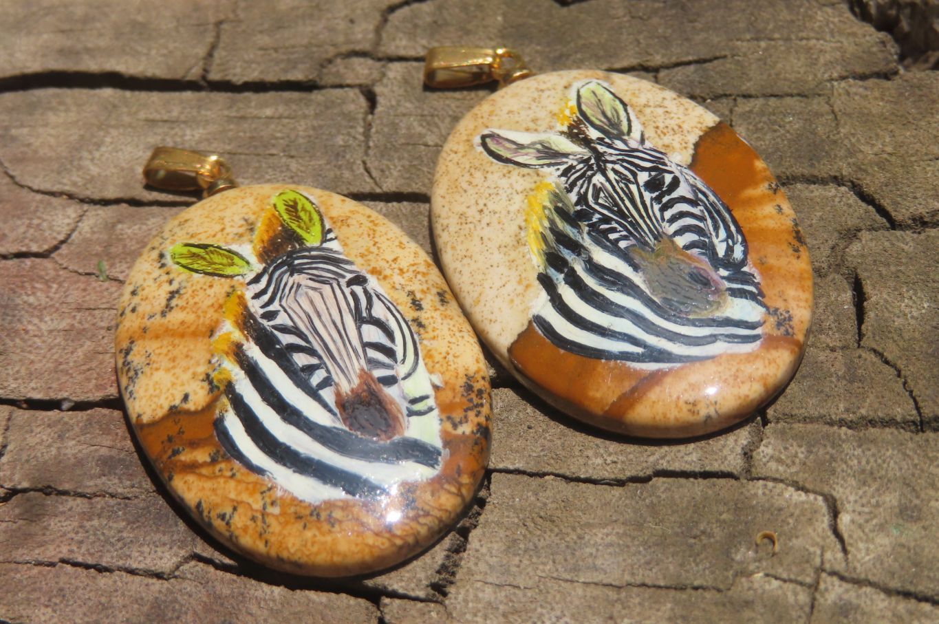 Polished Picture Stone Pendant with Hand Painted Zebras - Sold Per Item - From Namibia - Toprock Gemstones and Minerals 
