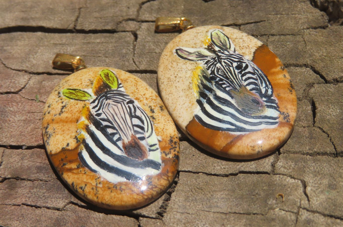 Polished Picture Stone Pendant with Hand Painted Zebras - Sold Per Item - From Namibia - Toprock Gemstones and Minerals 