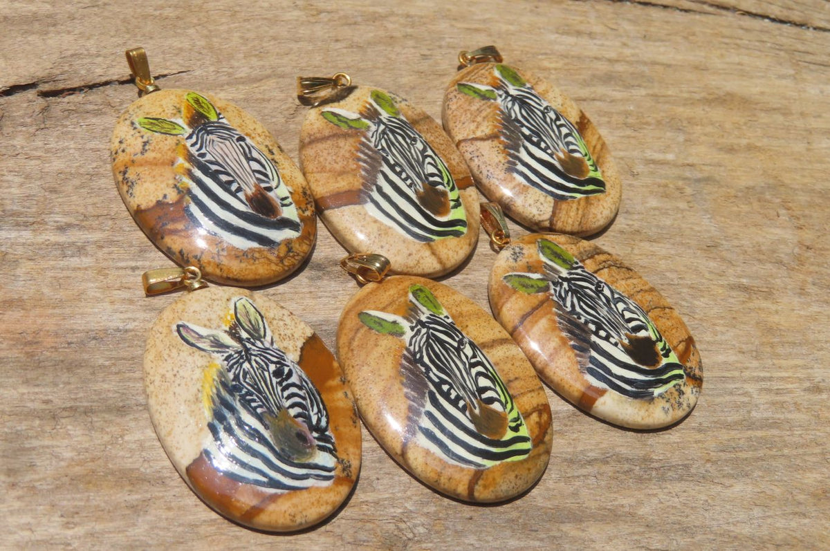 Polished Picture Stone Pendant with Hand Painted Zebras - Sold Per Item - From Namibia - Toprock Gemstones and Minerals 