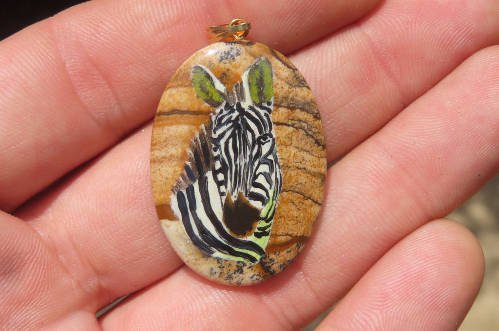 Polished Picture Stone Pendant with Hand Painted Zebras - Sold Per Item - From Namibia - Toprock Gemstones and Minerals 