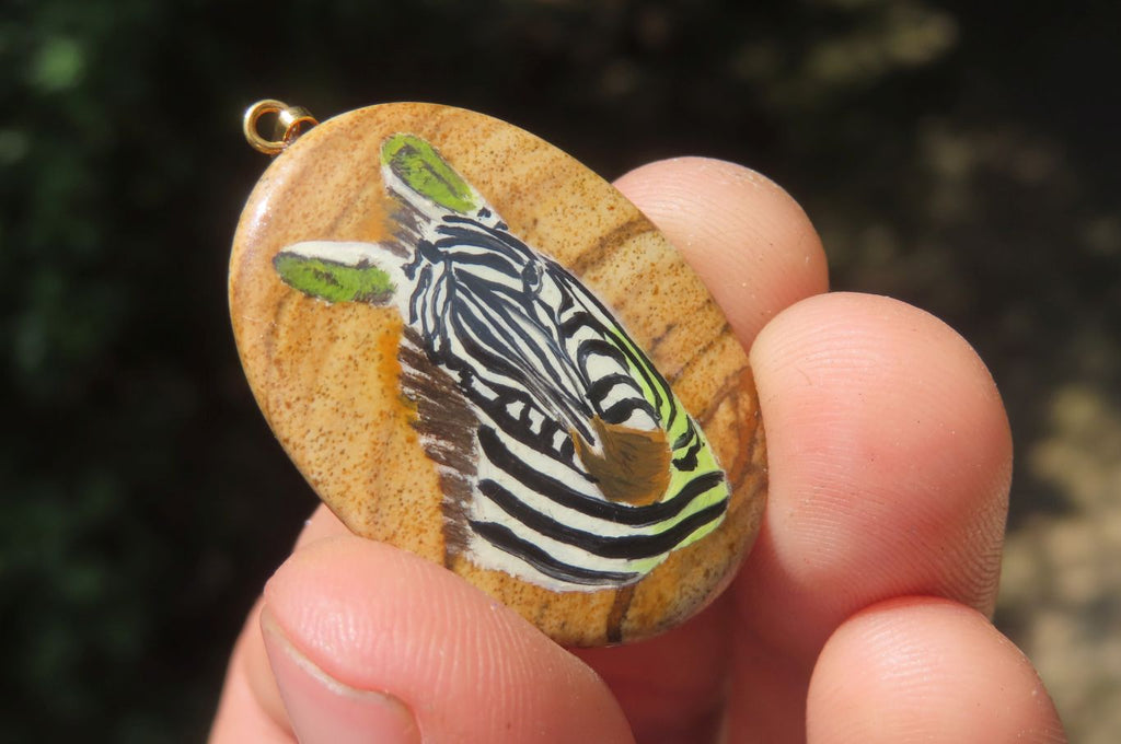 Polished Picture Stone Pendant with Hand Painted Zebras - Sold Per Item - From Namibia - Toprock Gemstones and Minerals 