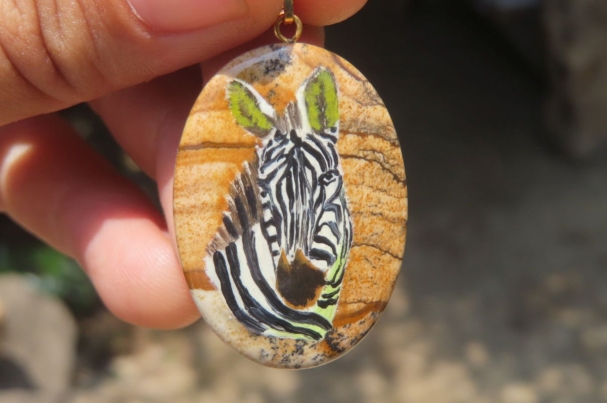 Polished Picture Stone Pendant with Hand Painted Zebras - Sold Per Item - From Namibia - Toprock Gemstones and Minerals 