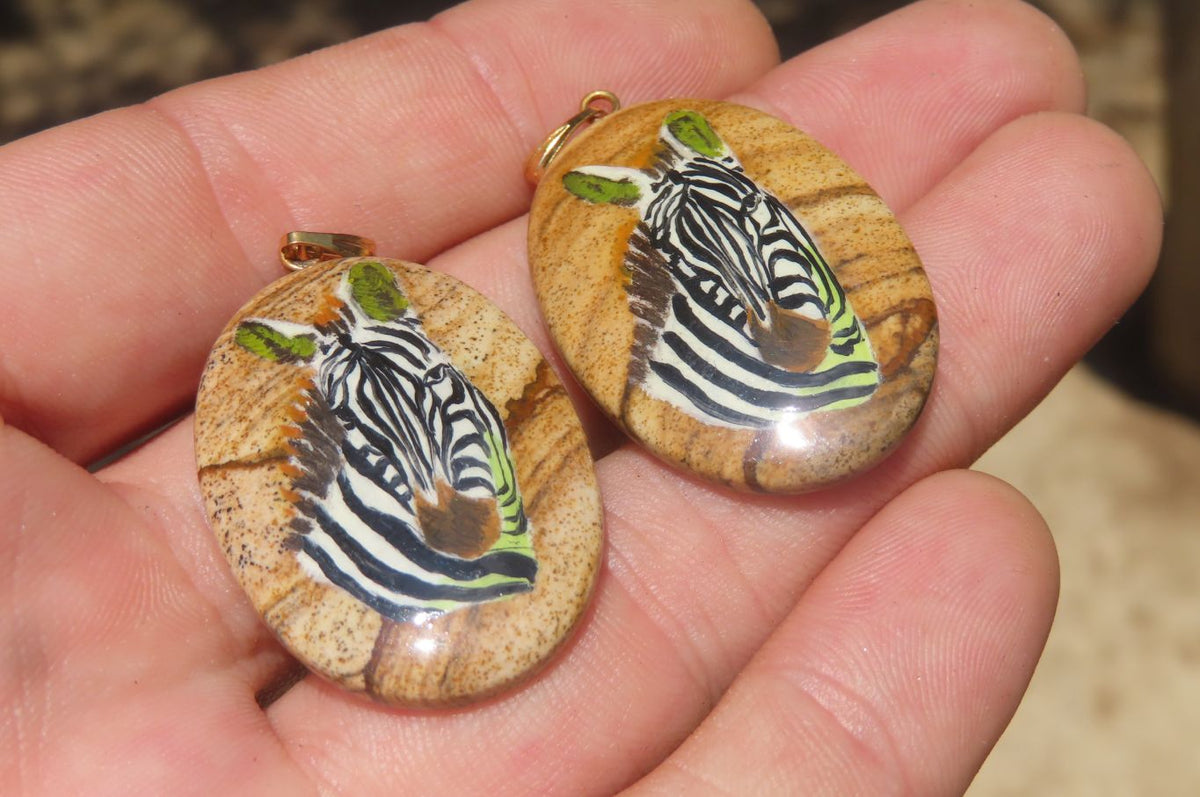 Polished Picture Stone Pendant with Hand Painted Zebras - Sold Per Item - From Namibia - Toprock Gemstones and Minerals 