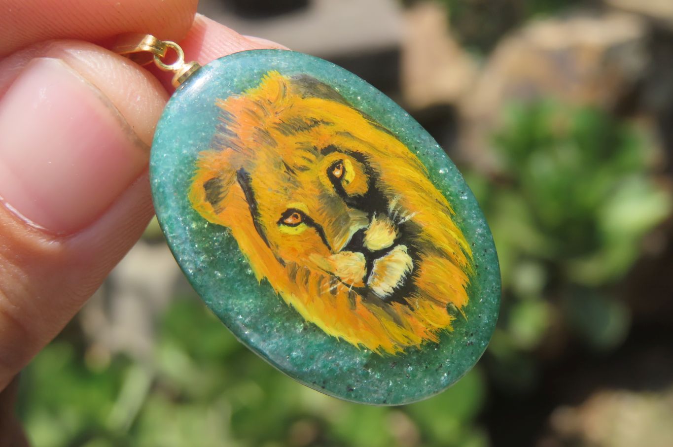 Polished Aventurine Pendant with Hand Painted Lion - Sold Per Item - From Zimbabwe - Toprock Gemstones and Minerals 