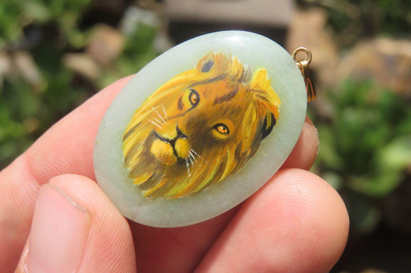 Polished Aventurine Pendant with Hand Painted Lion - Sold Per Item - From Zimbabwe - Toprock Gemstones and Minerals 