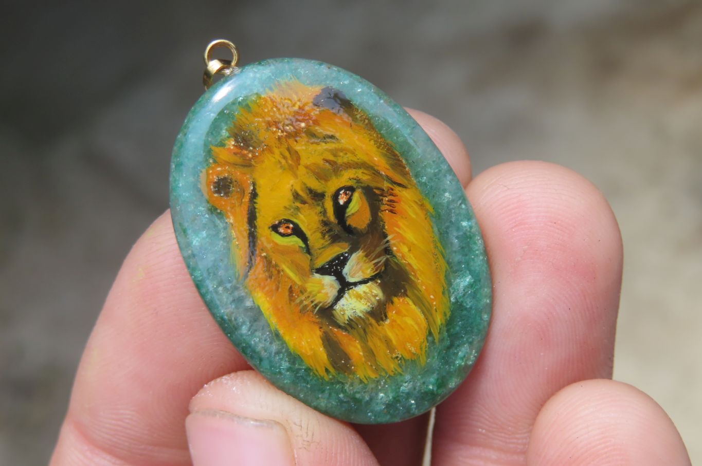 Polished Aventurine Pendant with Hand Painted Lion - Sold Per Item - From Zimbabwe - Toprock Gemstones and Minerals 