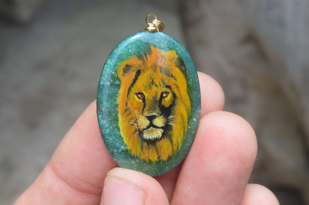 Polished Aventurine Pendant with Hand Painted Lion - Sold Per Item - From Zimbabwe - Toprock Gemstones and Minerals 