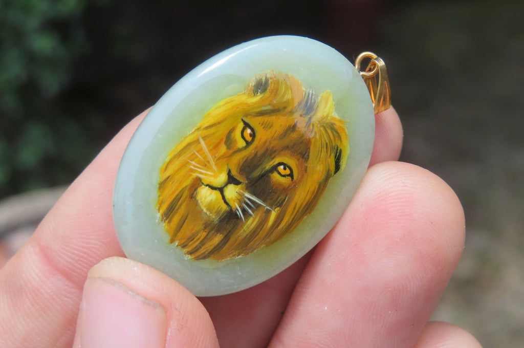 Polished Aventurine Pendant with Hand Painted Lion - Sold Per Item - From Zimbabwe - Toprock Gemstones and Minerals 