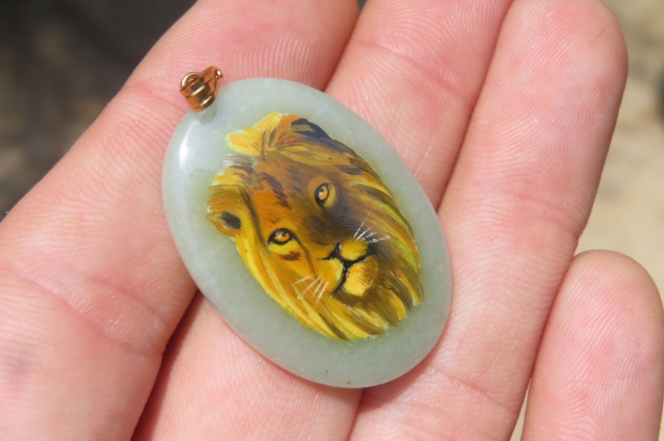 Polished Aventurine Pendant with Hand Painted Lion - Sold Per Item - From Zimbabwe - Toprock Gemstones and Minerals 