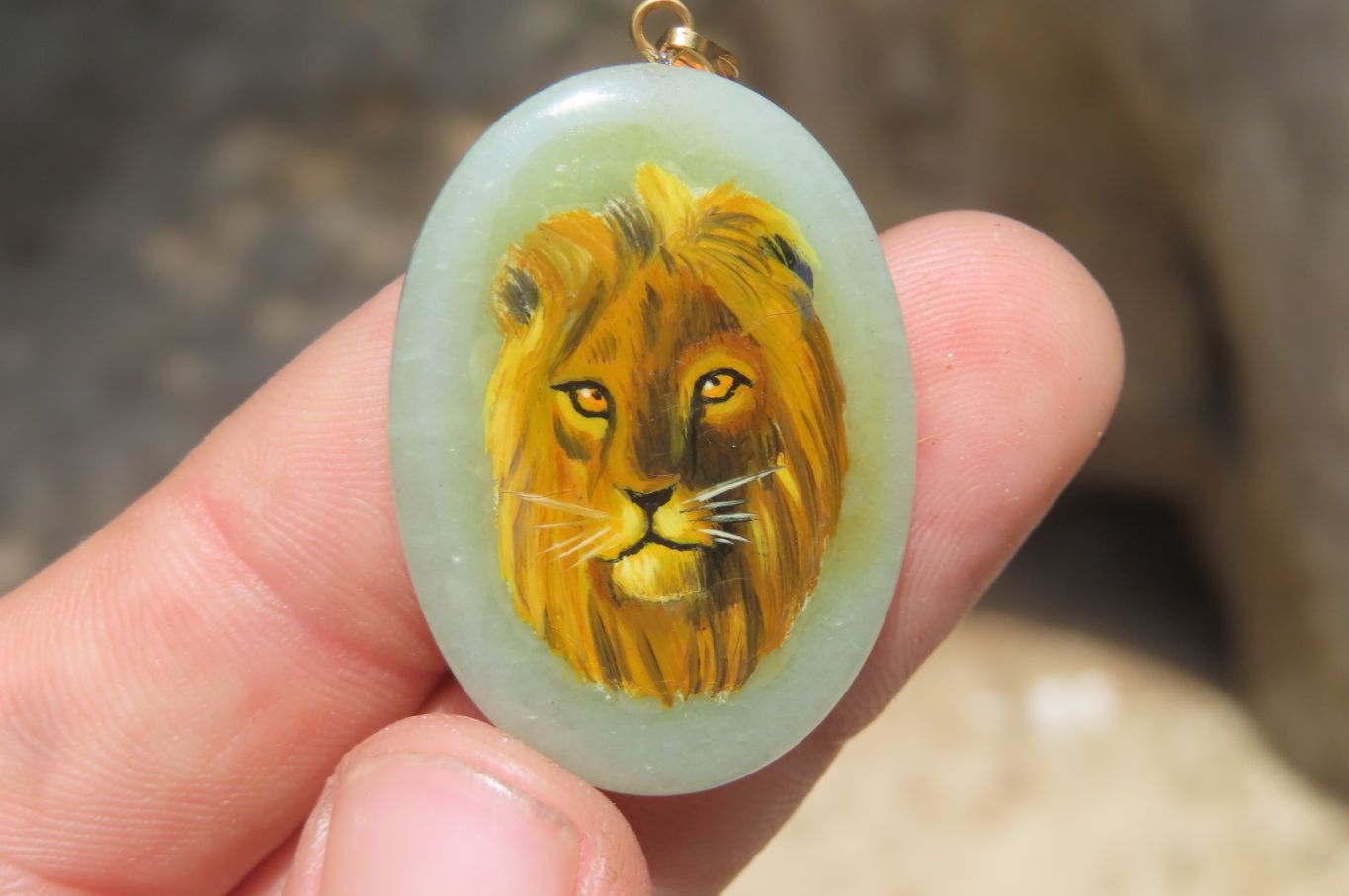Polished Aventurine Pendant with Hand Painted Lion - Sold Per Item - From Zimbabwe - Toprock Gemstones and Minerals 