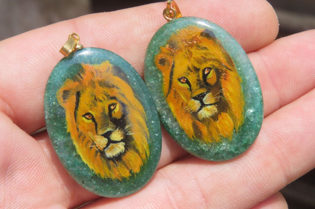 Polished Aventurine Pendant with Hand Painted Lion - Sold Per Item - From Zimbabwe - Toprock Gemstones and Minerals 