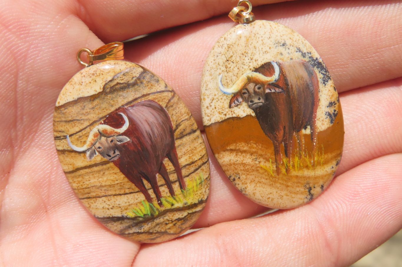 Polished Picture Stone Pendant with Hand Painted Buffaloes - Sold Per Item - From Namibia - Toprock Gemstones and Minerals 