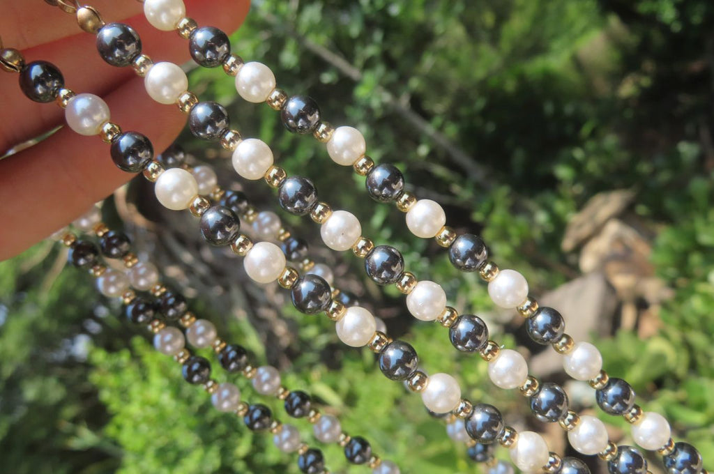 Polished Silver Hematite and Freshwater Pearl Beaded Necklace - Sold Per Item - From China - Toprock Gemstones and Minerals 