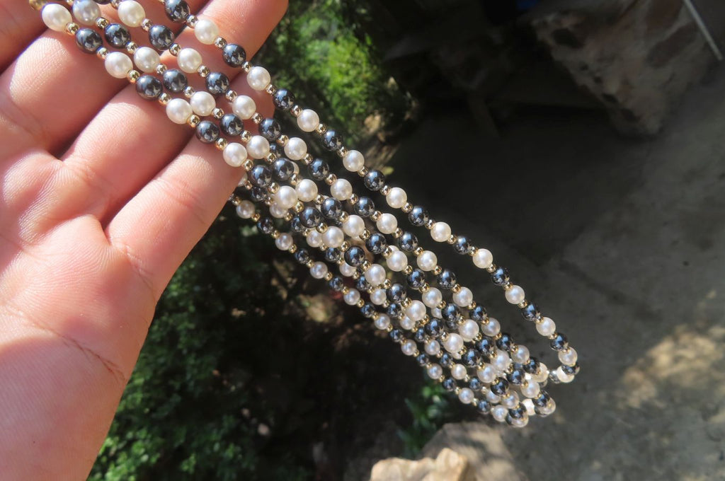 Polished Silver Hematite and Freshwater Pearl Beaded Necklace - Sold Per Item - From China - Toprock Gemstones and Minerals 