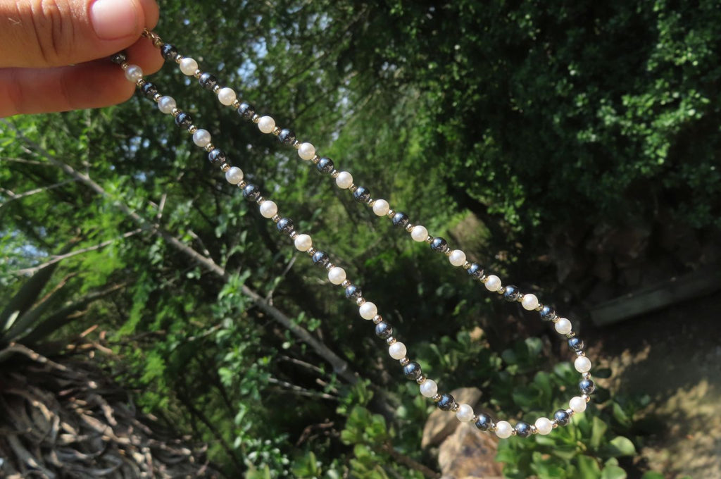 Polished Silver Hematite and Freshwater Pearl Beaded Necklace - Sold Per Item - From China - Toprock Gemstones and Minerals 