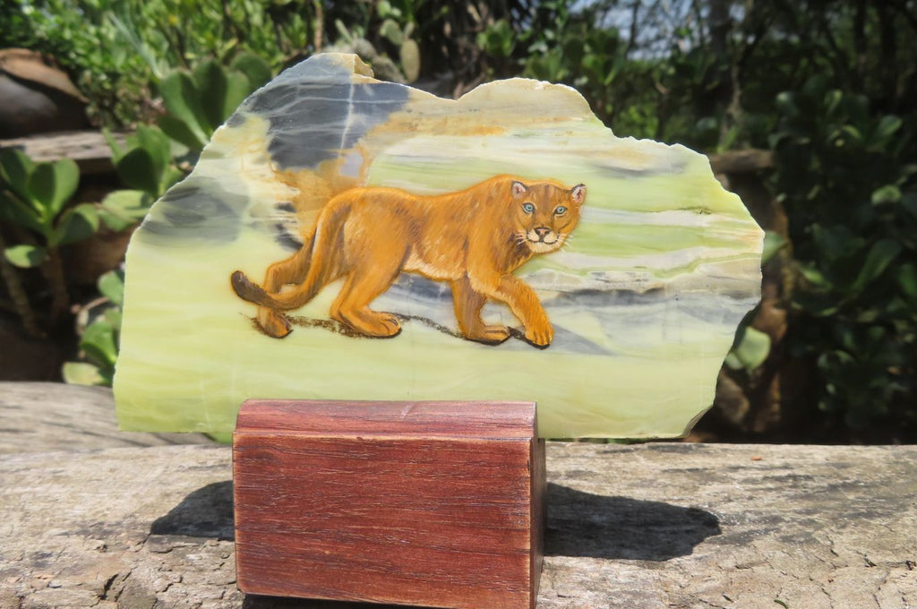 Hand Made Lioness Decoupage on Butter Jade Stone Slabs - sold per item - From South Africa - Toprock Gemstones and Minerals 