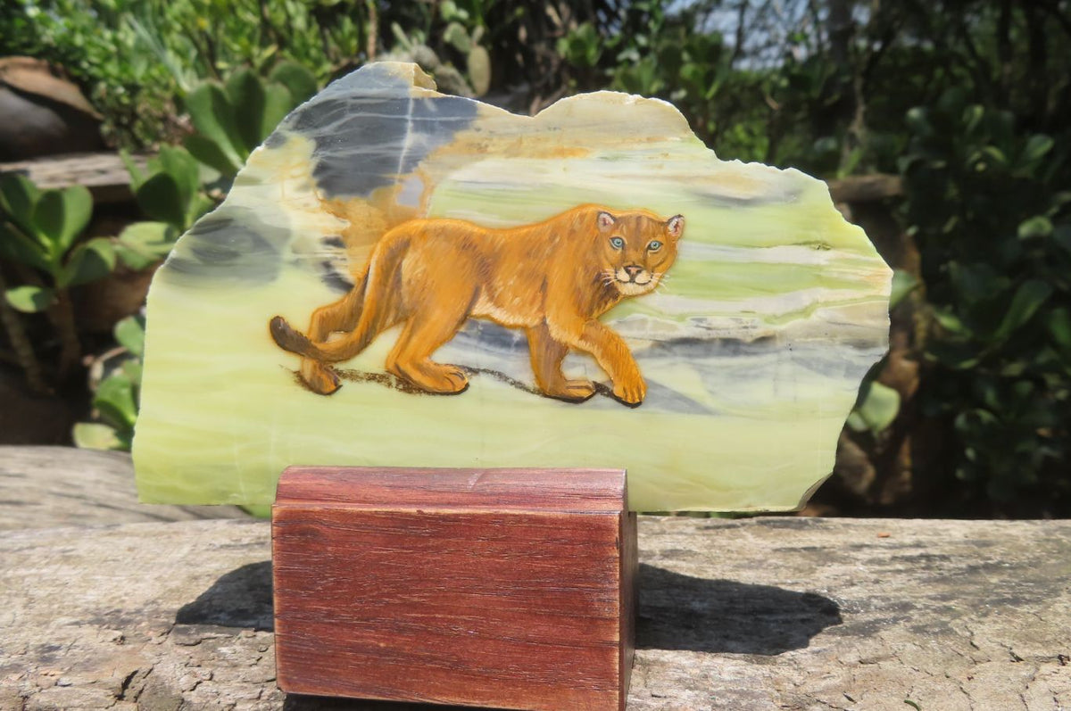 Hand Made Lioness Decoupage on Butter Jade Stone Slabs - sold per item - From South Africa - Toprock Gemstones and Minerals 