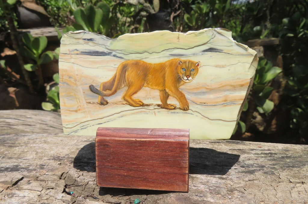 Hand Made Lioness Decoupage on Butter Jade Stone Slabs - sold per item - From South Africa - Toprock Gemstones and Minerals 