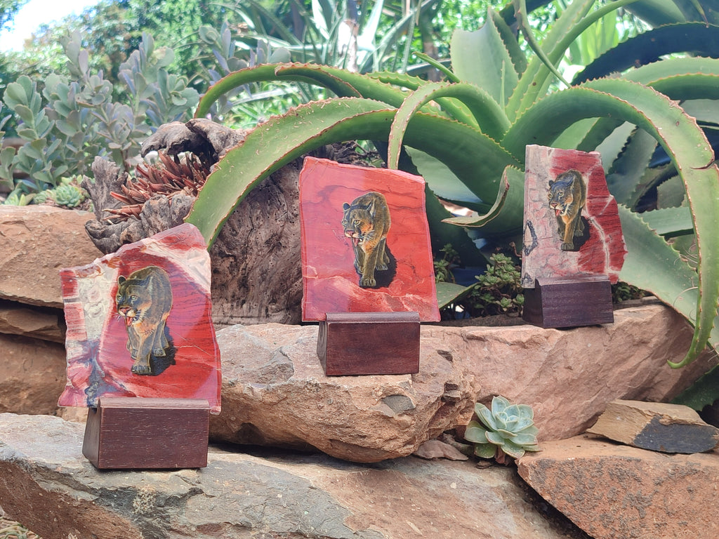 Hand Made Lioness Decoupage on Red Jasper Stone Slabs - sold per item - From South Africa - Toprock Gemstones and Minerals 