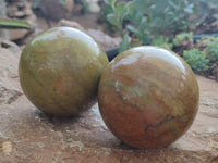 Polished Green Opal Spheres x 2 From Antsirabe, Madagascar - Toprock Gemstones and Minerals 
