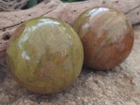 Polished Green Opal Spheres x 2 From Antsirabe, Madagascar - Toprock Gemstones and Minerals 