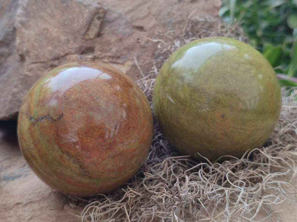 Polished Green Opal Spheres x 2 From Antsirabe, Madagascar - Toprock Gemstones and Minerals 