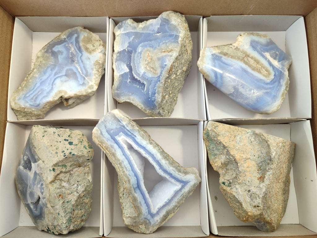 Polished on One Side Blue Lace Agate Geodes x 6 From Nsanje, Malawi - Toprock Gemstones and Minerals 