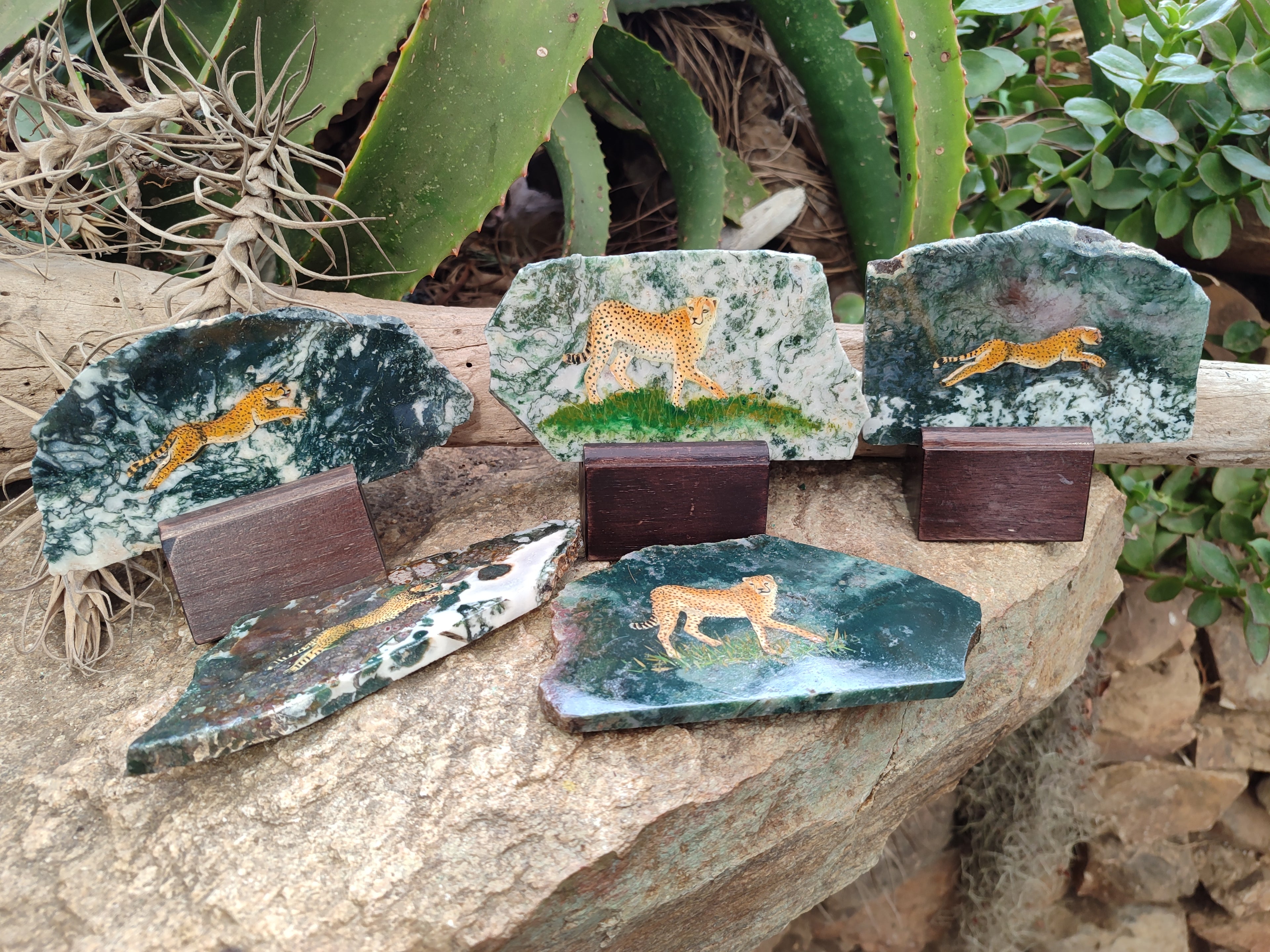 Hand Made Cheetahs Decoupage on Moss Agate Stone Slabs - Sold Per Item - From South Africa - Toprock Gemstones and Minerals 