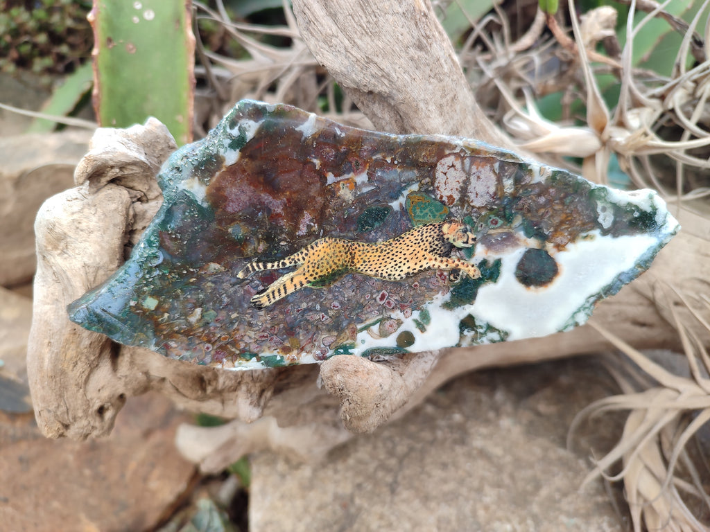 Hand Made Cheetahs Decoupage on Moss Agate Stone Slabs - Sold Per Item - From South Africa - Toprock Gemstones and Minerals 