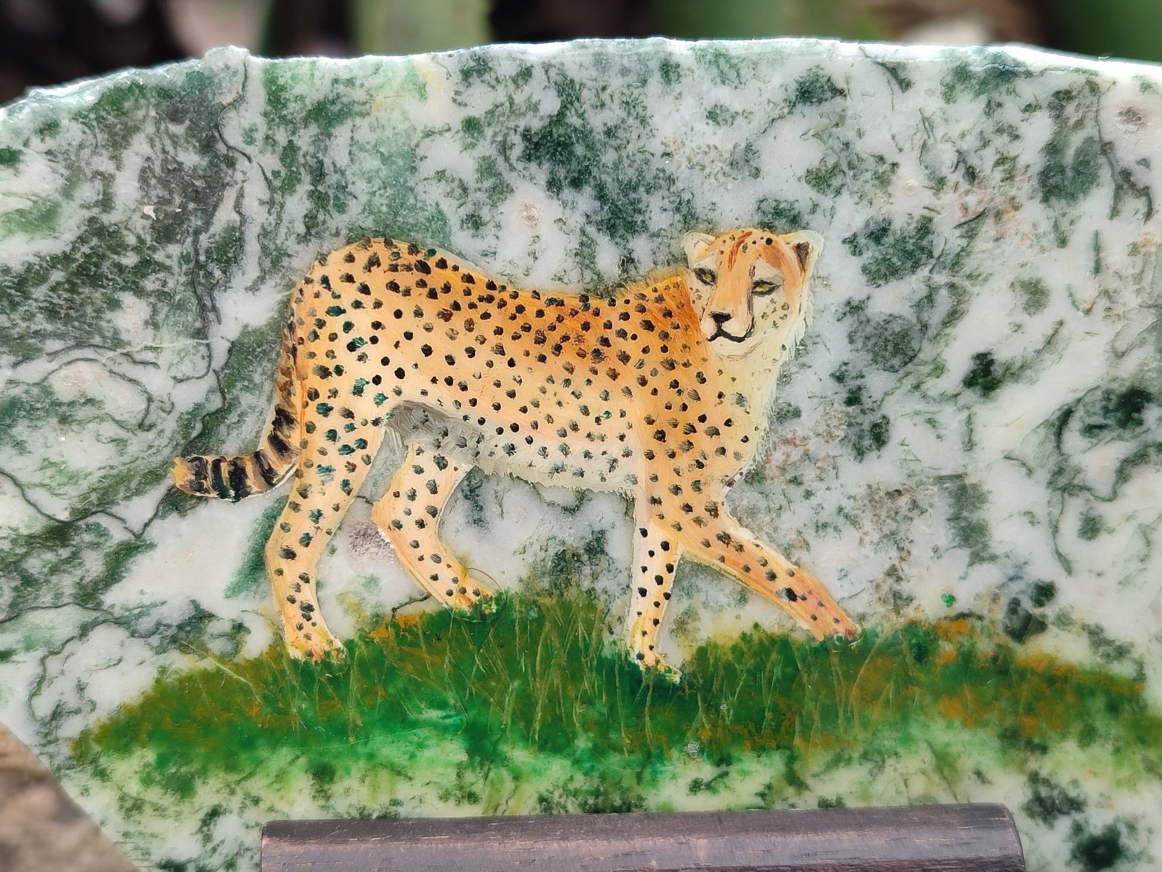 Hand Made Cheetahs Decoupage on Moss Agate Stone Slabs - Sold Per Item - From South Africa - Toprock Gemstones and Minerals 