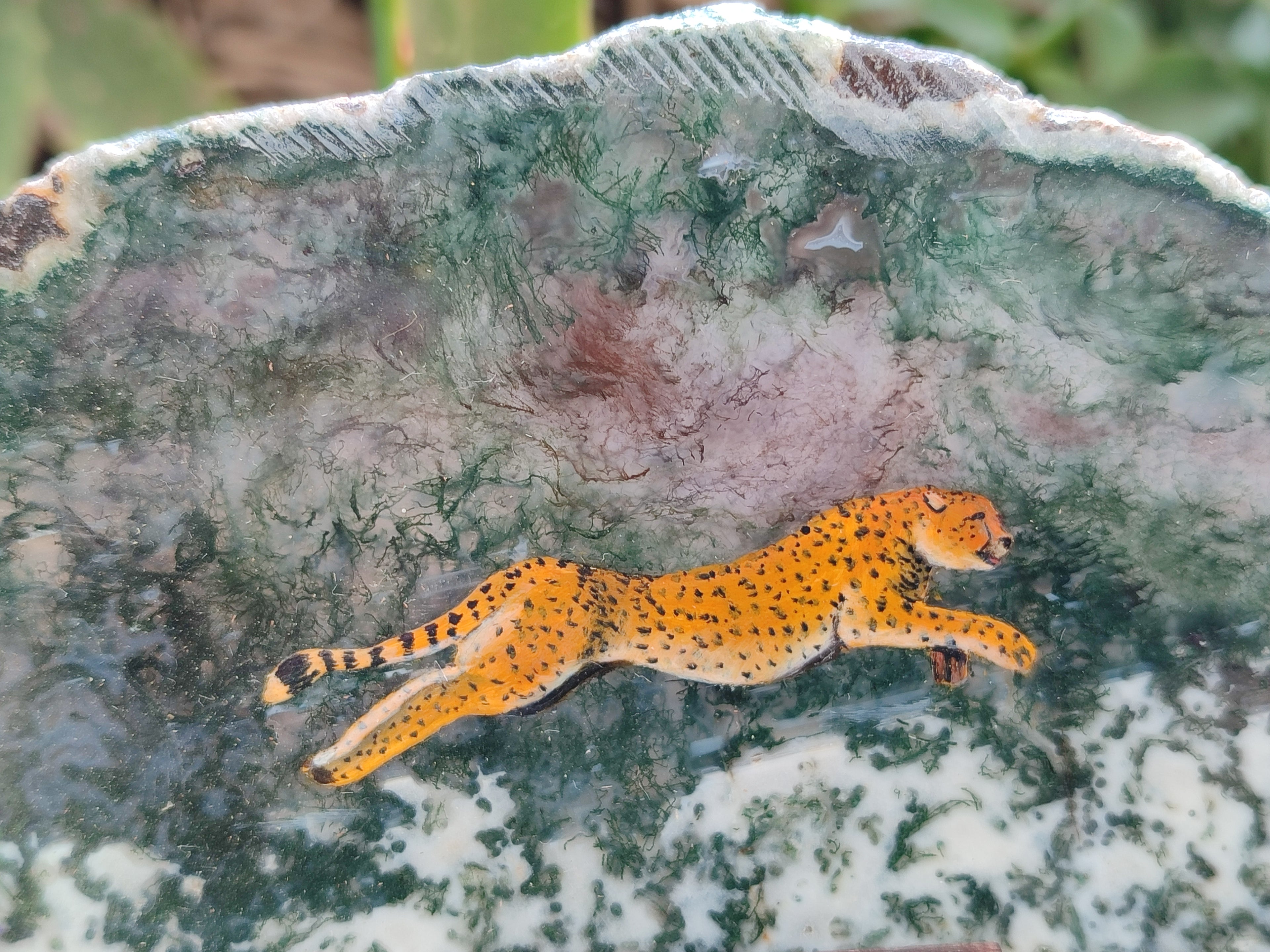 Hand Made Cheetahs Decoupage on Moss Agate Stone Slabs - Sold Per Item - From South Africa - Toprock Gemstones and Minerals 