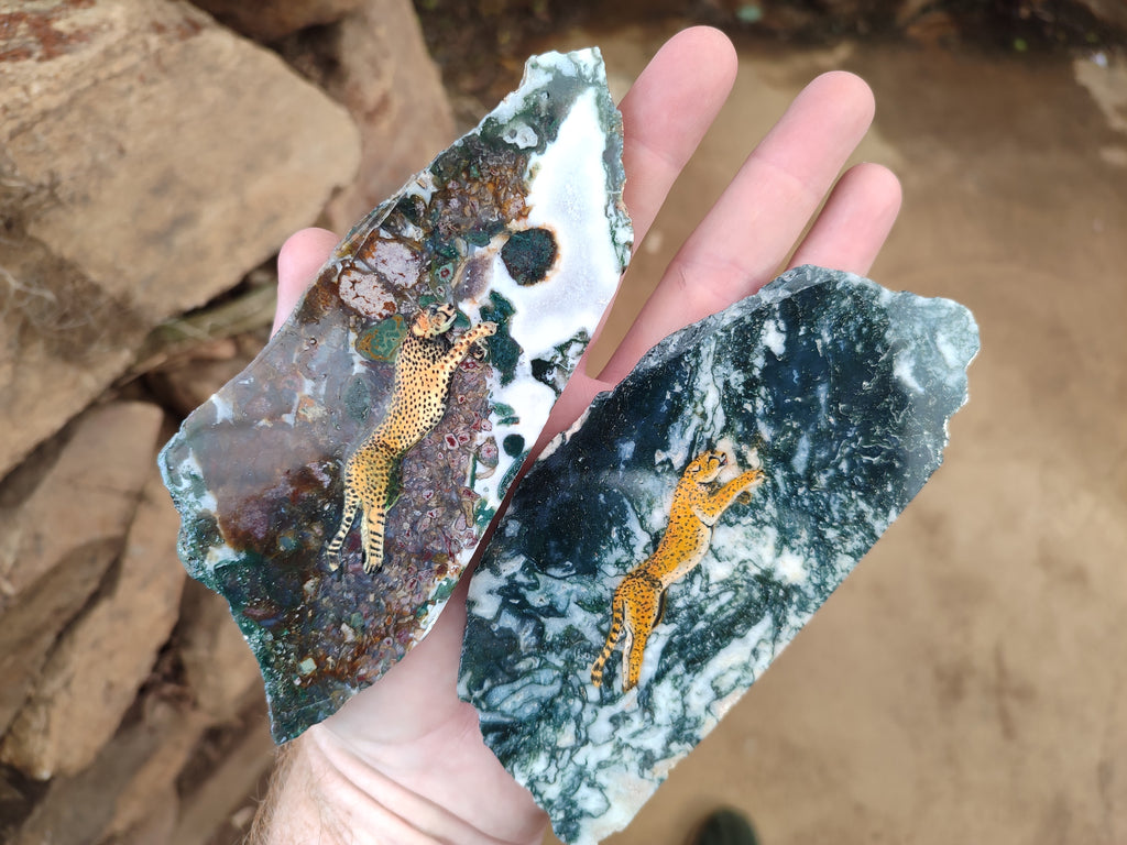 Hand Made Cheetahs Decoupage on Moss Agate Stone Slabs - Sold Per Item - From South Africa - Toprock Gemstones and Minerals 