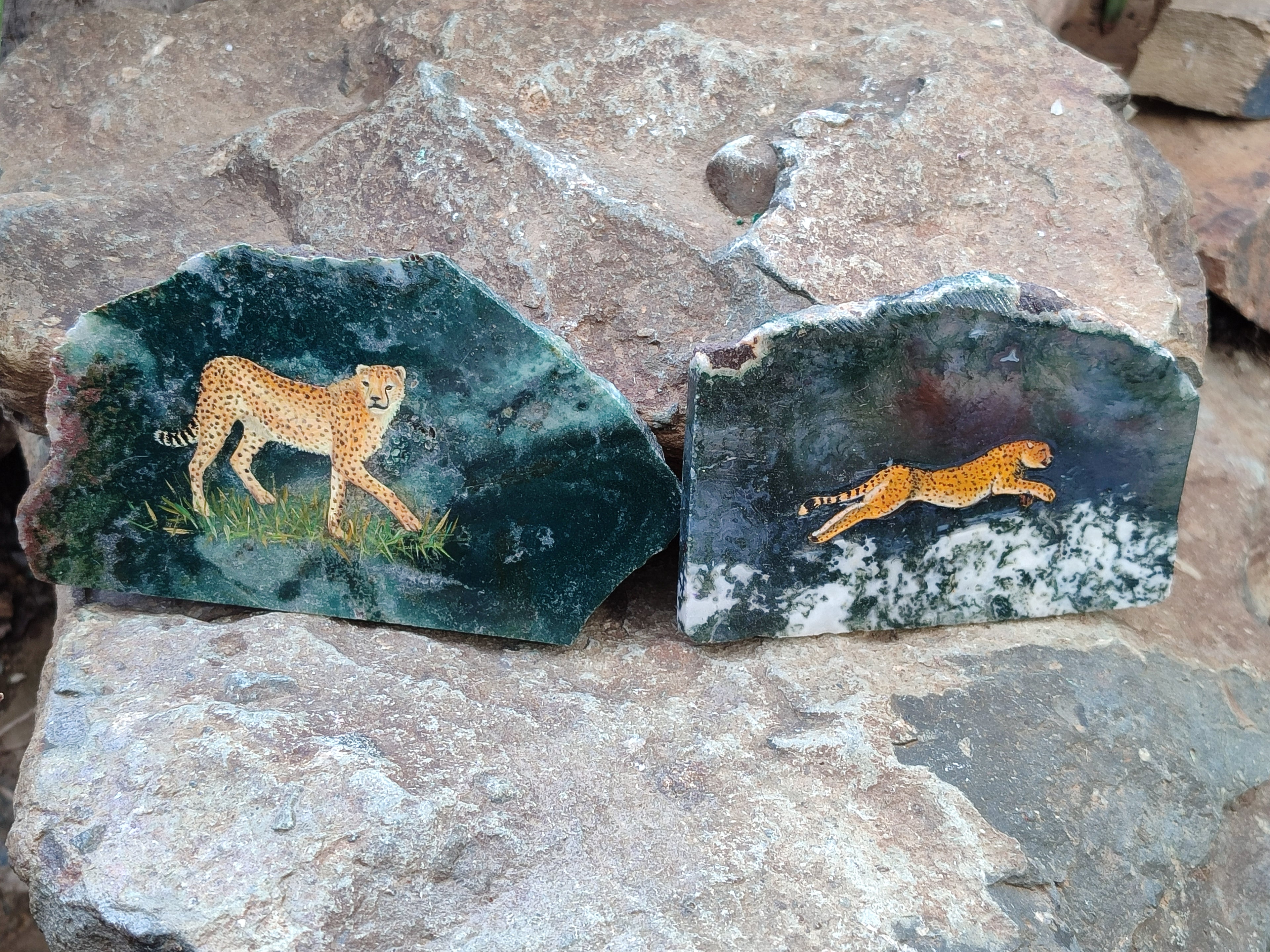 Hand Made Cheetahs Decoupage on Moss Agate Stone Slabs - Sold Per Item - From South Africa - Toprock Gemstones and Minerals 