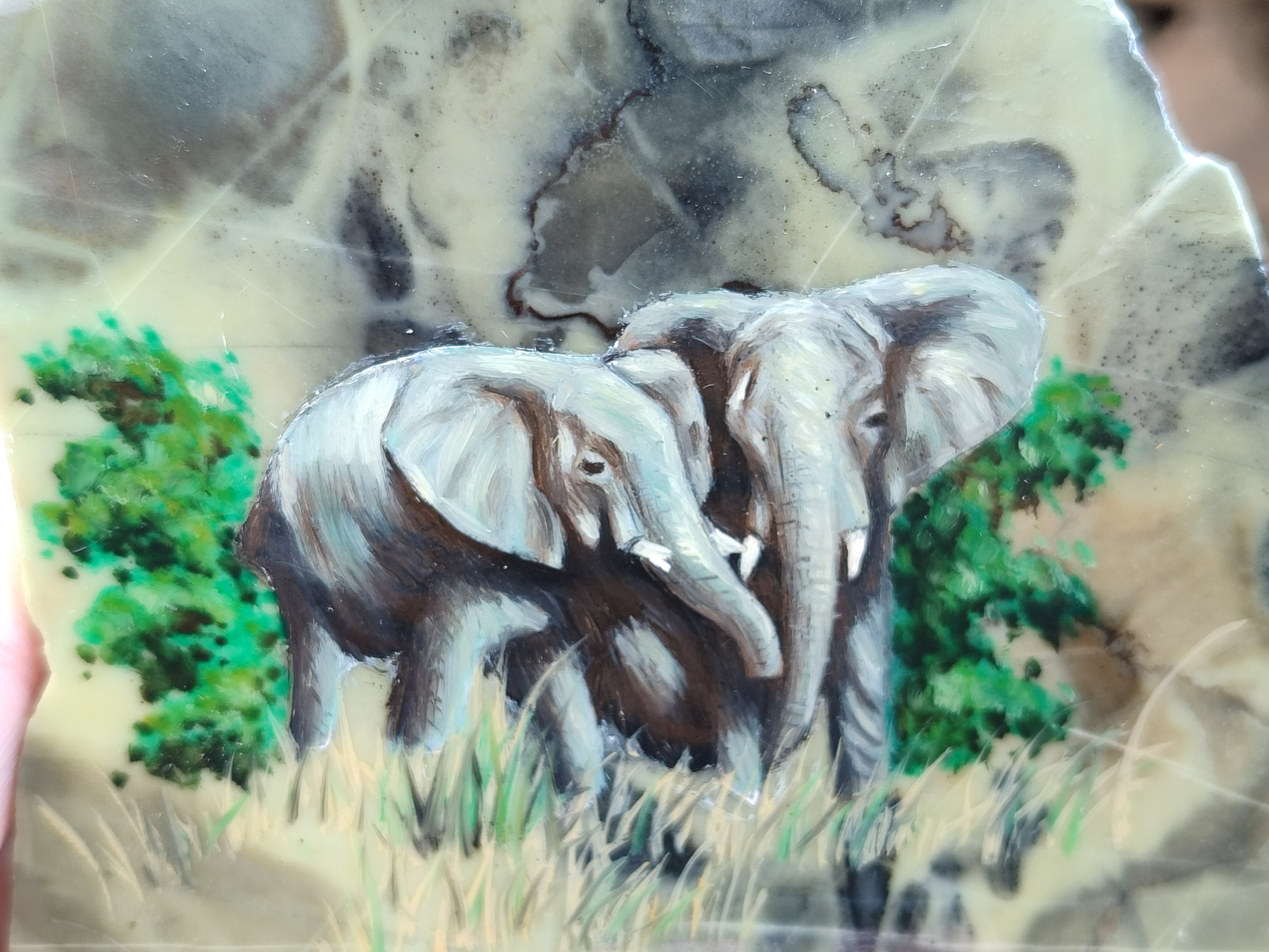 Hand Made Elephant Decoupage on Butter Jade Stone Slabs - sold per item - From South Africa - Toprock Gemstones and Minerals 