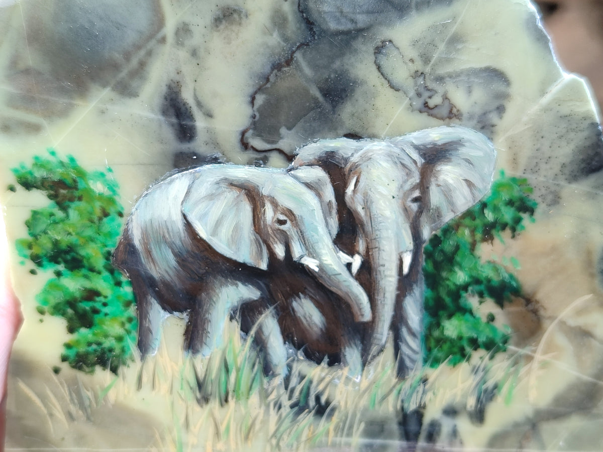 Hand Made Elephant Decoupage on Butter Jade Stone Slabs - sold per item - From South Africa - Toprock Gemstones and Minerals 