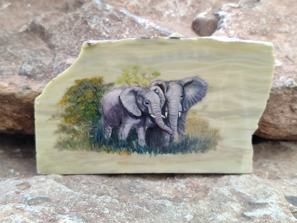 Hand Made Elephant Decoupage on Butter Jade Stone Slabs - sold per item - From South Africa - Toprock Gemstones and Minerals 