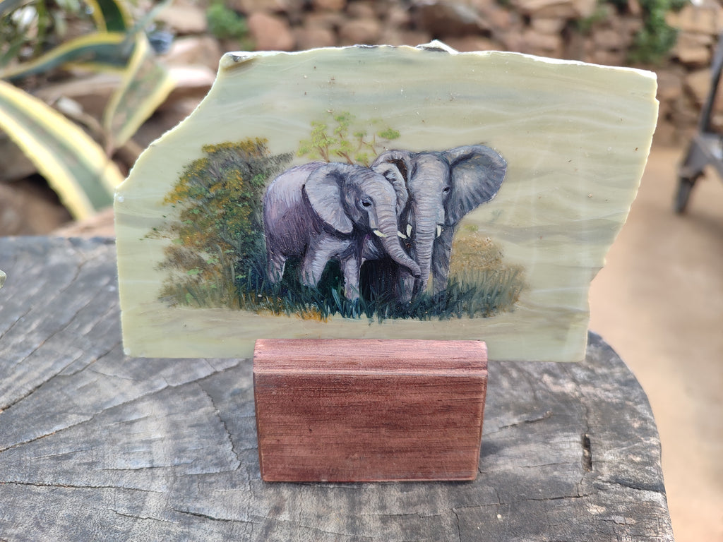 Hand Made Elephant Decoupage on Butter Jade Stone Slabs - sold per item - From South Africa - Toprock Gemstones and Minerals 