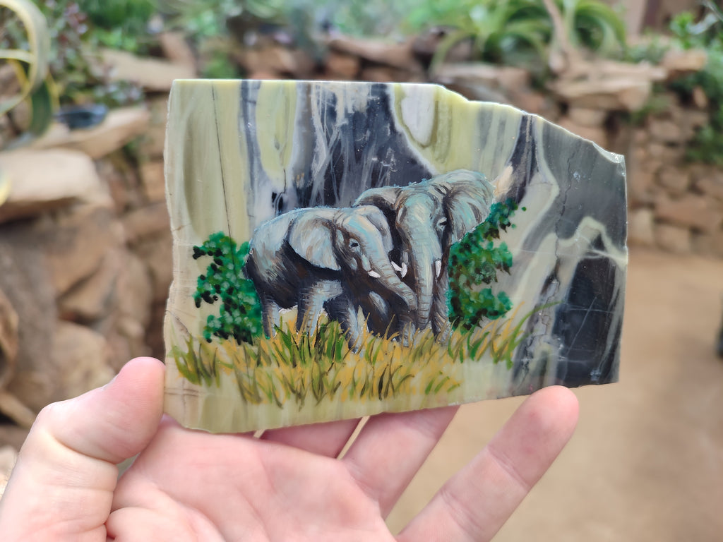Hand Made Elephant Decoupage on Butter Jade Stone Slabs - sold per item - From South Africa - Toprock Gemstones and Minerals 