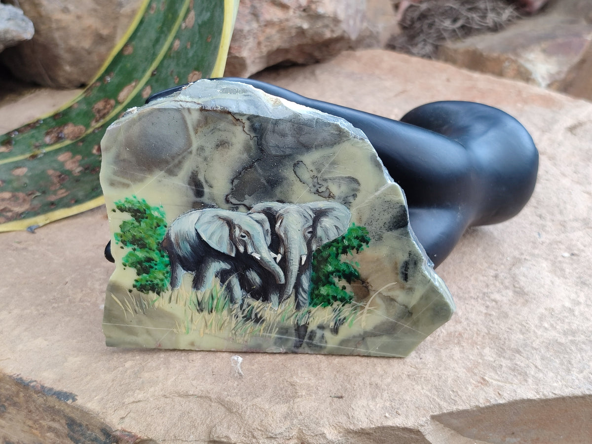 Hand Made Elephant Decoupage on Butter Jade Stone Slabs - sold per item - From South Africa - Toprock Gemstones and Minerals 