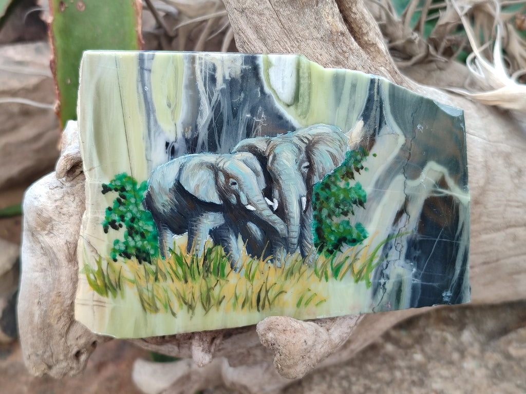 Hand Made Elephant Decoupage on Butter Jade Stone Slabs - sold per item - From South Africa - Toprock Gemstones and Minerals 