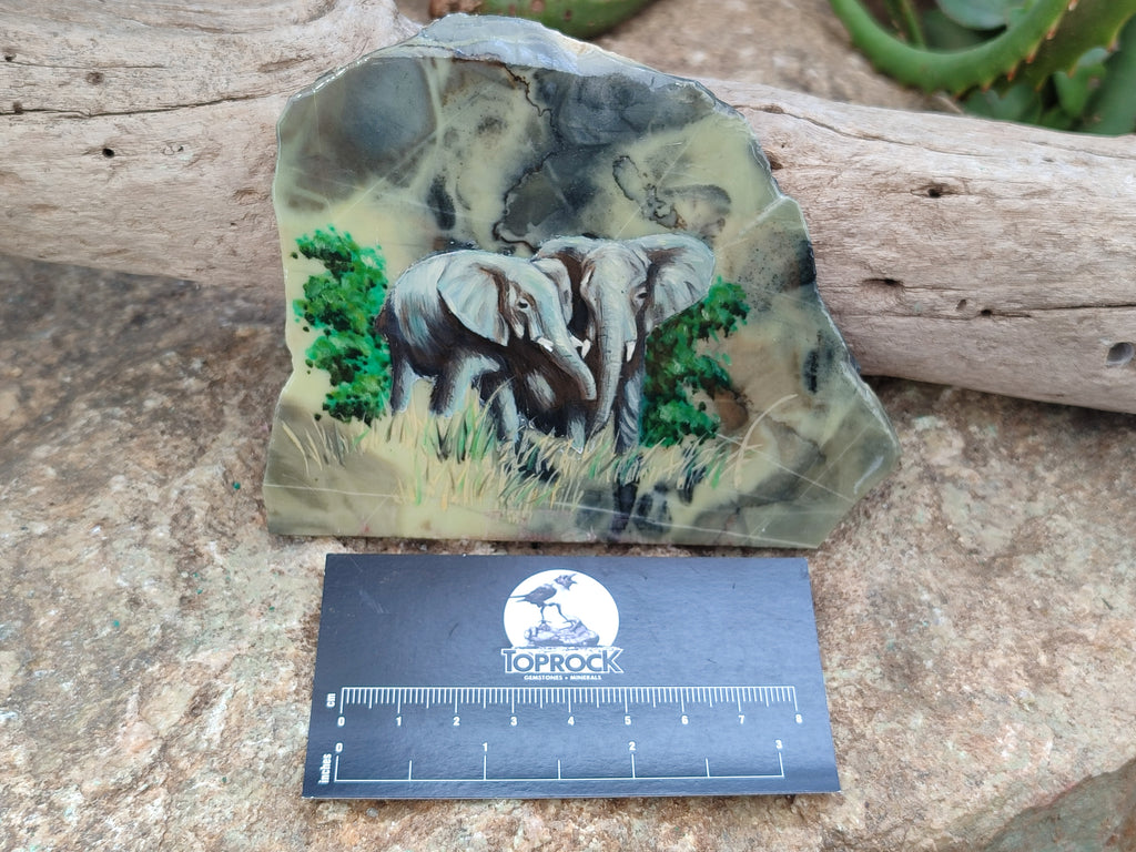 Hand Made Elephant Decoupage on Butter Jade Stone Slabs - sold per item - From South Africa - Toprock Gemstones and Minerals 
