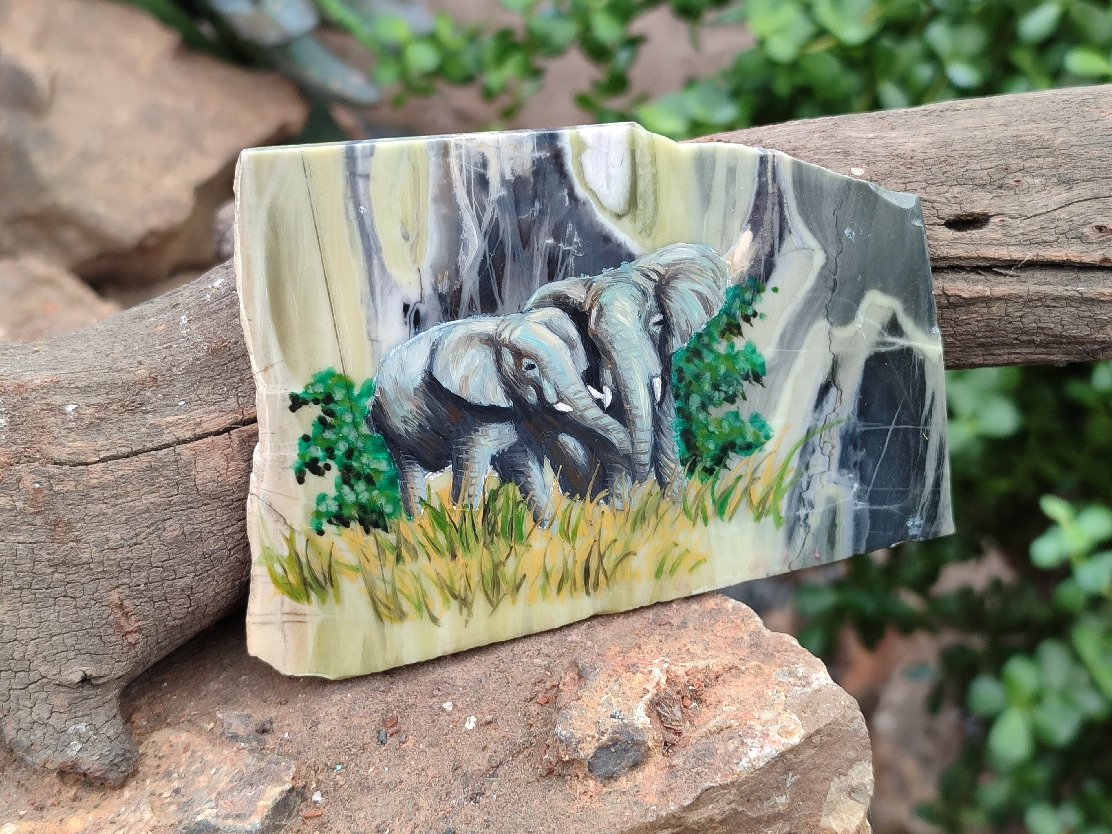 Hand Made Elephant Decoupage on Butter Jade Stone Slabs - sold per item - From South Africa - Toprock Gemstones and Minerals 