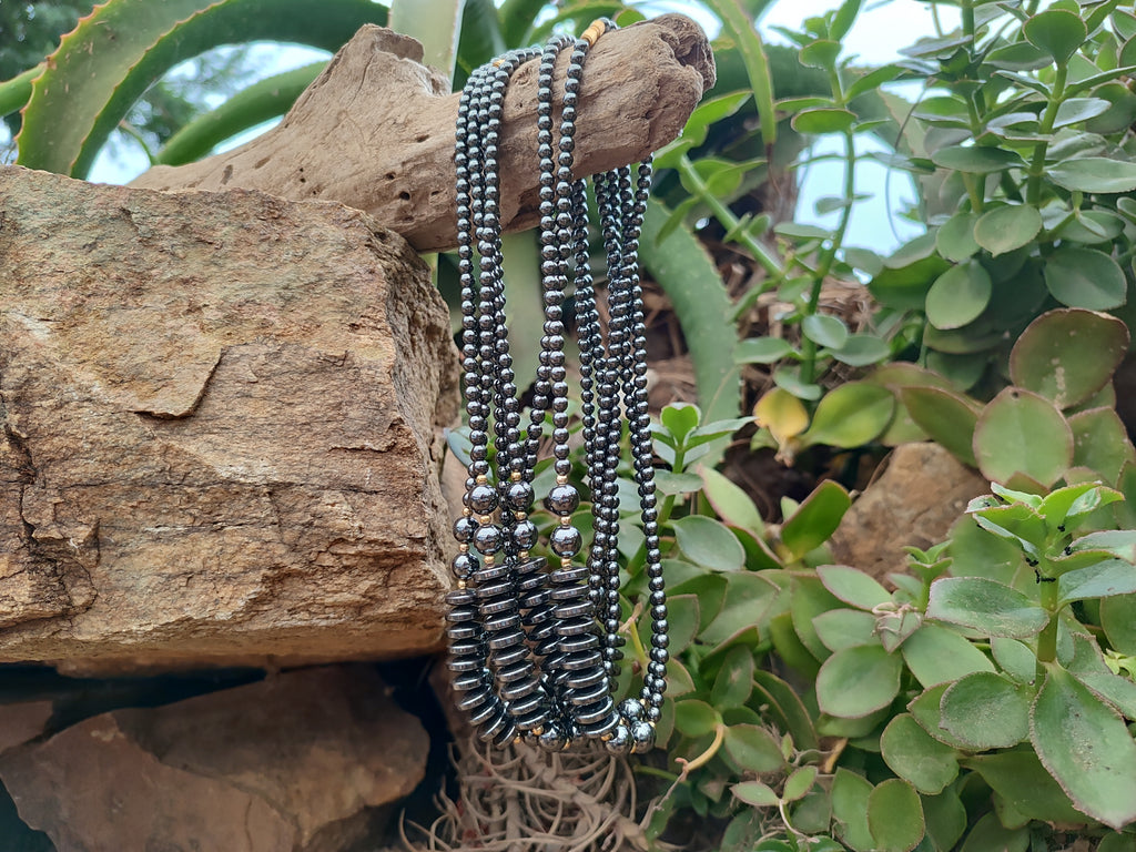 Polished Silver Hematite Bead and Disk Choker Necklace - Sold Per Item - From China - Toprock Gemstones and Minerals 