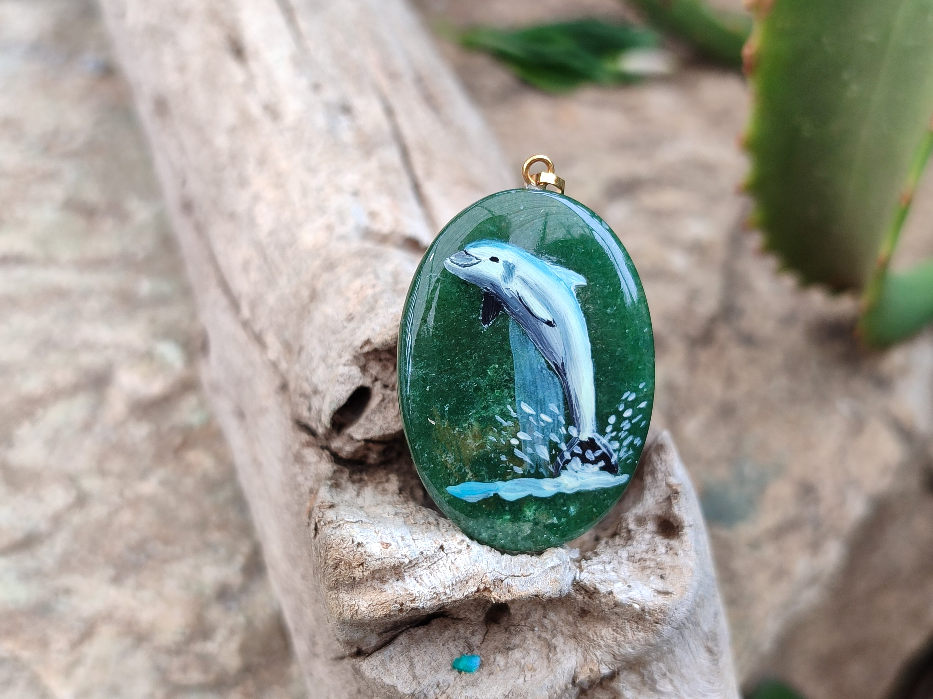 Polished Aventurine Pendant with Hand Painted Dolphin - Sold Per Item - From Zimbabwe - Toprock Gemstones and Minerals 