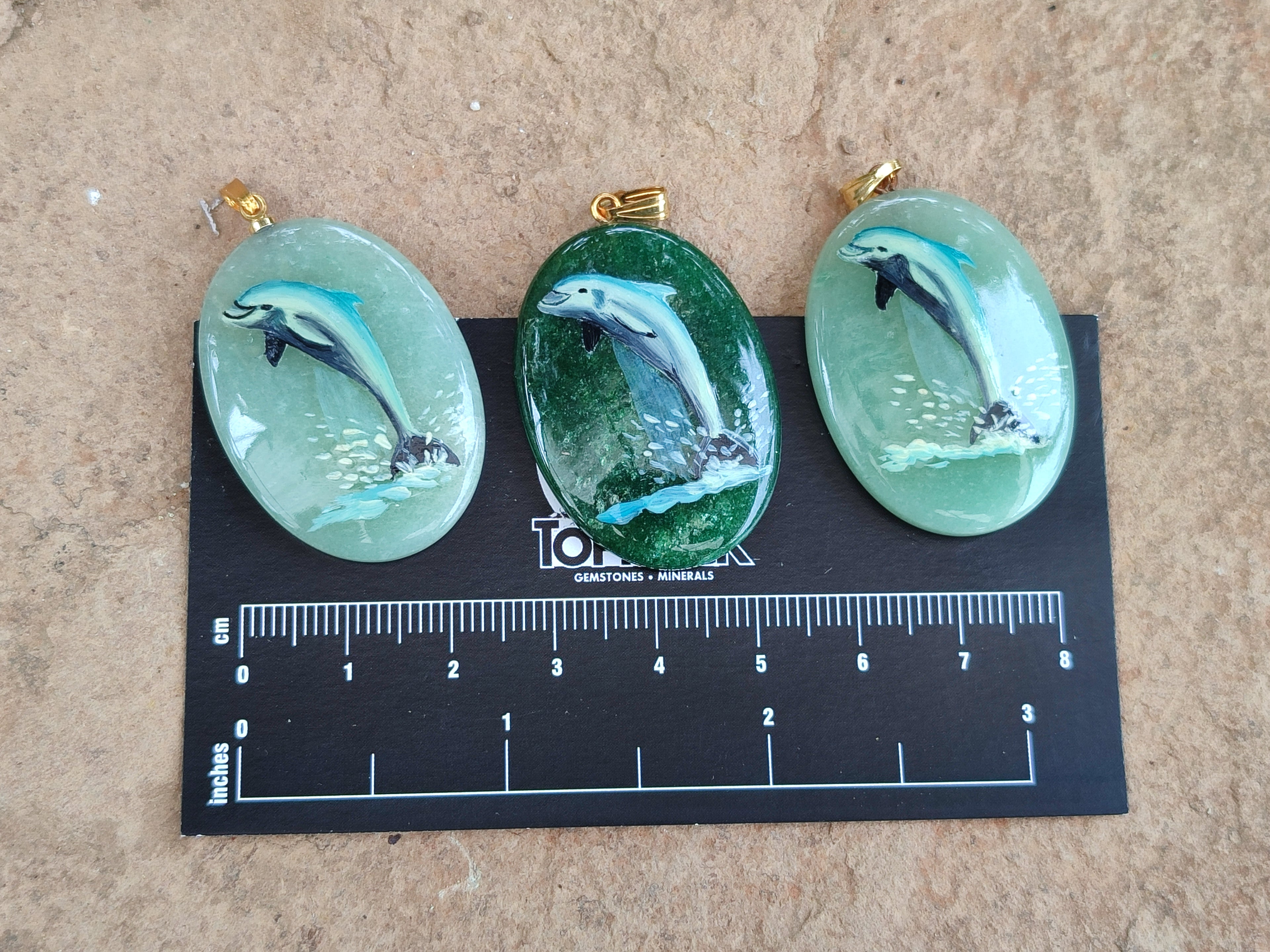 Polished Aventurine Pendant with Hand Painted Dolphin - Sold Per Item - From Zimbabwe - Toprock Gemstones and Minerals 