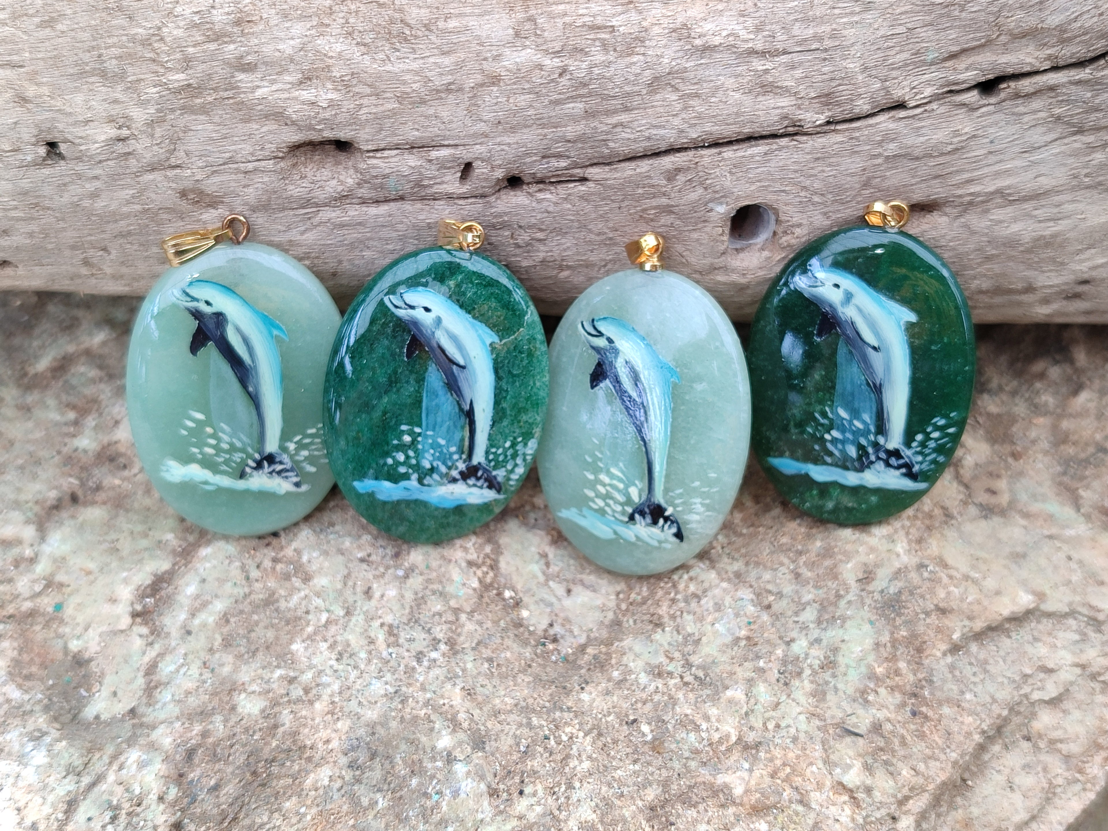 Polished Aventurine Pendant with Hand Painted Dolphin - Sold Per Item - From Zimbabwe - Toprock Gemstones and Minerals 