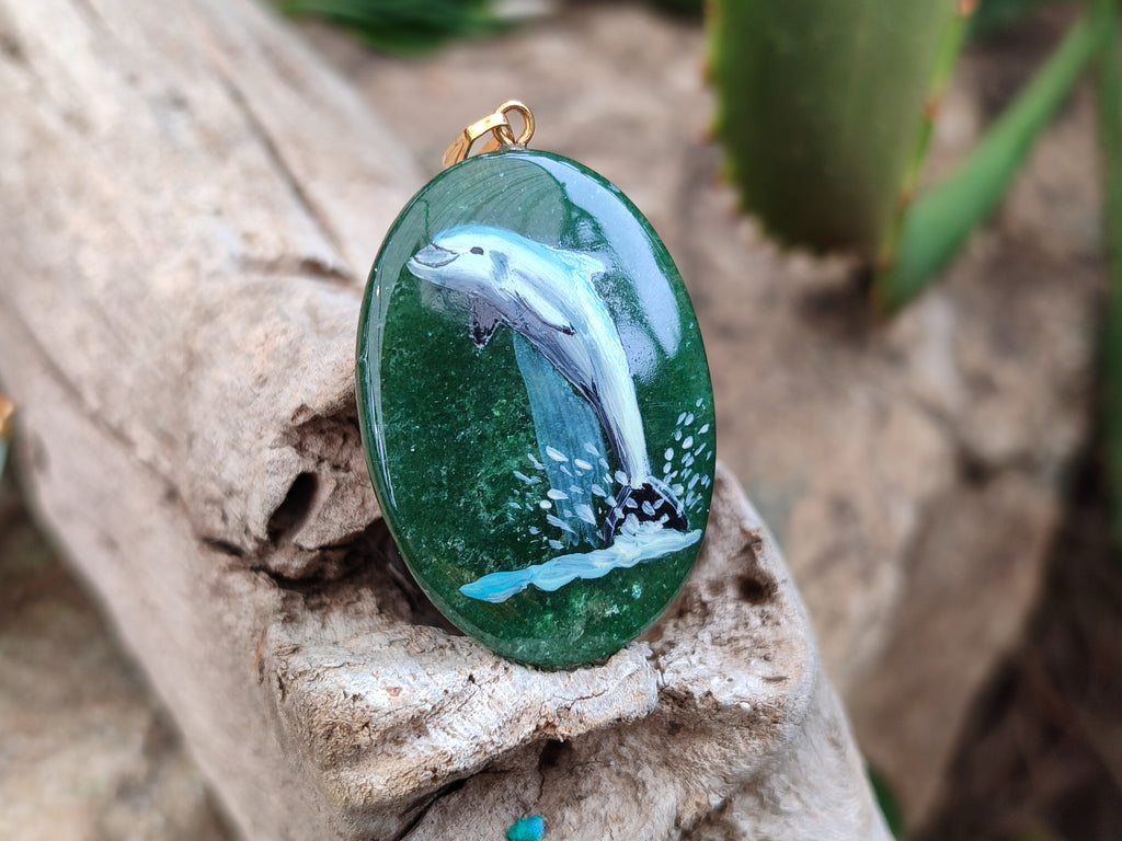 Polished Aventurine Pendant with Hand Painted Dolphin - Sold Per Item - From Zimbabwe - Toprock Gemstones and Minerals 